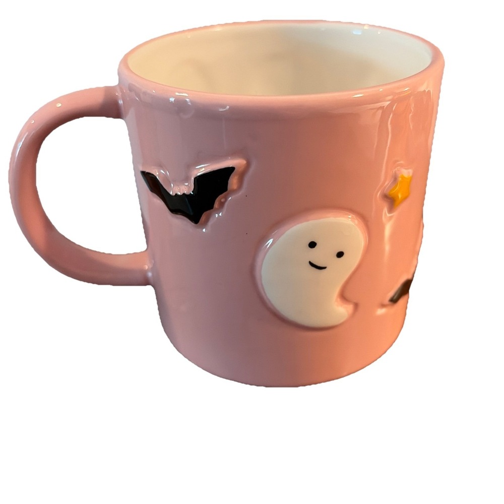 Lang Ghost Mug Hand Painted Pink Halloween Coffee Cup Spooky Cottagecore